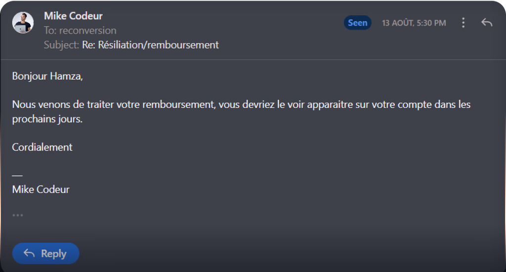 Screenshot remboursement instantané